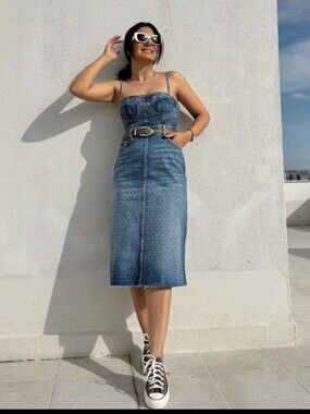 Denim Strap Midi Dress - Blue